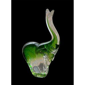 Crystal Elephant Green and Clear With Trunk Raised 8.75 X 5.5 Beautiful